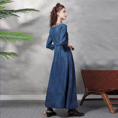 Slim Denim Skirt Vintage Embroidery V-Neck Coil Buckle Mid-Sleeve Dress
