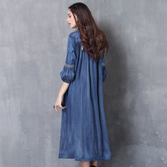 V-Neck Lace-Up Loose A-Line Large Size Temperament Denim Skirt 2023 Spring and Summer Embroidered Mid-Sleeve Vintage Dress
