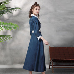 New Suit Neck Denim Dress Retro Temperament Slimming Waist Showing Fake Two Long Dresses