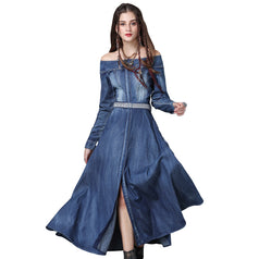 One-Line Neck Temperament Slim Belt Denim Long skirt 2023 Ancient Embroidery Long-Sleeved Autumn Dress