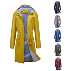 Long Casual Windbreaker Hooded Solid Color Top Striped Lining Straight Coat