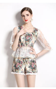 Summer new vintage top and shorts two-piece set
