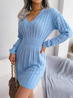 V-Neck Long Sleeve Stretch Waist Sweater Skirt