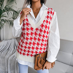 V-Neck Thousand Bird Plaid Casual Loose Knitted Vest Sweater Vest
