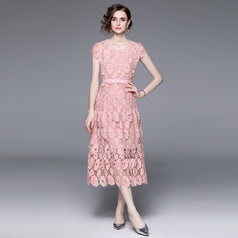 Women's Hollow Out Water-Soluble Flower Embroidery Round Neck Short Sleeve Solid Color Elegant Long Skirt Dress