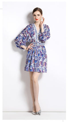 Retro Fashion National Style Printed V-Neck Long Sleeve Waist Closed Skirt Dress