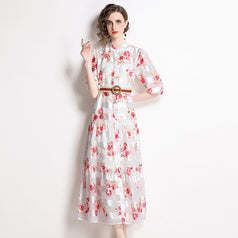 Half High Neck Lantern Sleeve Vintage Print Full-length Dress with Waist Tucked in (with Suspender)