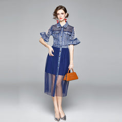 Hollowed Out Mesh Denim Stitching Slim Flared Sleeve Short Sleeve Mid-Length Dress