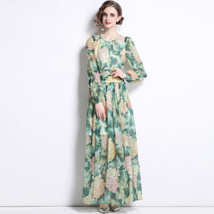 Temperament Chiffon Print Long-Sleeved Slim Long Skirt Green Crew Neck Dress