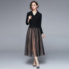 Long Sleeve Small Suit and Mesh Gauze Skirt Two-Piece Suit