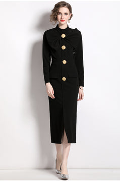 Bow Collar Long Sleeve Tucked Waist Buttons Dress