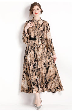 Temperament Fashion Vintage Print Long-Sleeved Dress Slim and Slimming Long Skirt