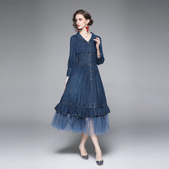 Vintage Long-Sleeved Tucked Waist Denim Patchwork Mesh Long Skirt Dress