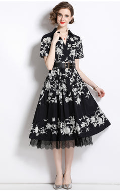 Temperament Lace Print High-Waisted Short-Sleeved Mid-Length Dress with Belt