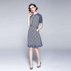 Jacquard Embroidery Stand-Up Collar Half Zipper Denim Dress