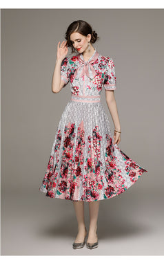 Fashion All-in-one Folded Waist Slimming Positioning Printed Short Sleeve Pleated Dress