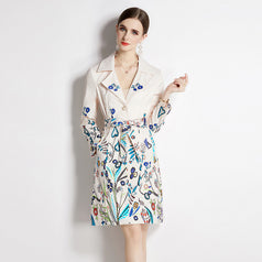 Fashion printed suit collar coat temperament waist slimming breasted mid-length trench coat