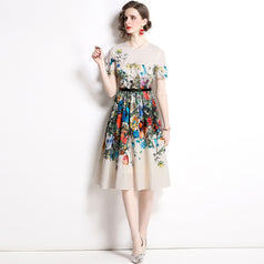 Temperament Printed Crewneck Dress