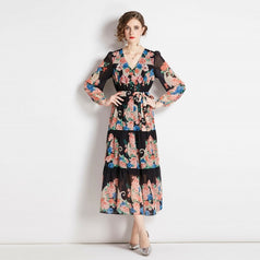Vintage Print Lantern Sleeve Dress