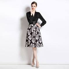 Temperament Waist Slimming V-Neck Long Sleeve MIDI Dress Vintage Print
