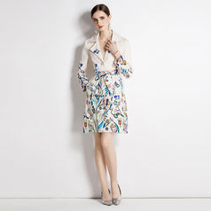 Fashion printed suit collar coat temperament waist slimming breasted mid-length trench coat