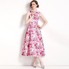 Vintage Print Sleeveless High-Waisted Dress