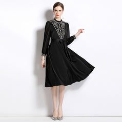 Embroidered Small Stand Collar Bubble Sleeve MIDI Skirt Temperament Waist Slimming Large Swing Dress