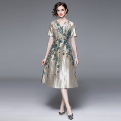 High Waist Big Swing Temperament Jacquard V-Neck Short Sleeve Slim Mid-Length Dress
