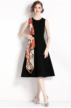 Vintage Print Patchwork High-Waisted Slim Sleeveless Dress A-Line MIDI Skirt