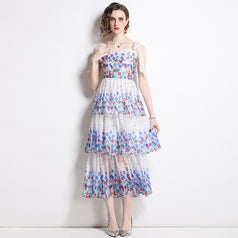 Printed Cake Skirt Lace-Up Suspender Dress