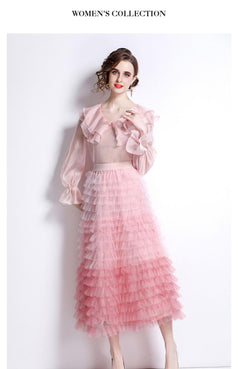 Sweet Peplum Top and Gradient Color Mesh Cake Skirt Suit