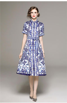 Fashion All-in-One Collection Waist Slimming Positioning Printed Dress with Belt