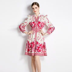 Retro Palace Style V-Neck Single Breasted Lantern Sleeve Tucked Waist Slimming Dress