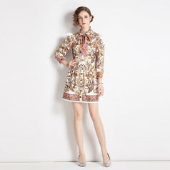 Vintage Lapel Lace-Up Design Printed Dress