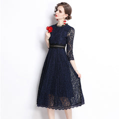 New Women's Temperament Lace Embroidery Slimming Mid-Length A-Line Skirt Dress