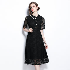 Button Down Short Sleeve Black Lace Dress