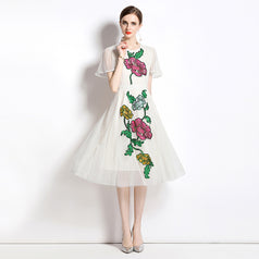 Temperament Round Neck Ruffled Edge Short-Sleeved Sequin Mesh Embroidery Mid-Length Dress