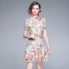 Vintage Resort Style Print Embroidered Lace Dress