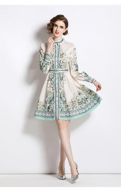 Fashion Vintage Fresh Stand-Up Collar Long-Sleeved Printed Dress