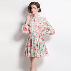 Fashion Printed Embroidery Patchwork Lace Long-Sleeved Shirt Half Skirt Suit