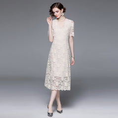 Temperament Retro V-Neck Big Swing Long Hook Flower Hollowed Out Lace Dress