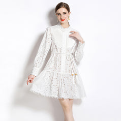 Stand-Up Collar Temperament Continuously Empty Single Breasted Lantern Sleeve Lace-Up Skirt Dress