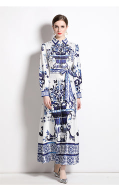 Fashion All-in-One Waist Slimming Blue and White Porcelain Positioning Printed Dress with Belt