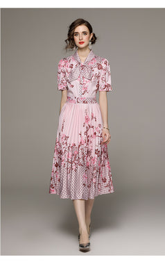 Fashion All-in-one Folded Waist Slimming Positioning Printed Short Sleeve Pleated Dress