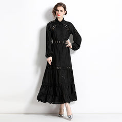 Girl Style Lapel Lantern Sleeve Single-Breasted Water-Soluble Lace Splicing Striped Long Dress