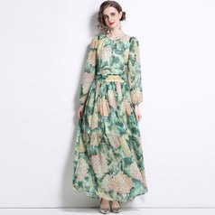 Temperament Chiffon Print Long-Sleeved Slim Long Skirt Green Crew Neck Dress