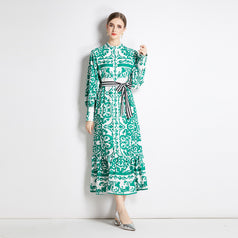 Geometric Print Single Breasted Long Skirt with Small Stand-Up Collar