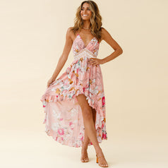 Deep V Sexy Beach Hollow Lace Suspender Irregular Dress