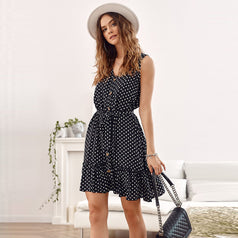 Polka Dot Waist Slimming Sleeveless Vest Dress V-Neck Temperament Button Short Skirt