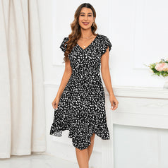 V-Neck Ruffle Short Sleeved Leopard Print Skirt with Irregular Hem Dress